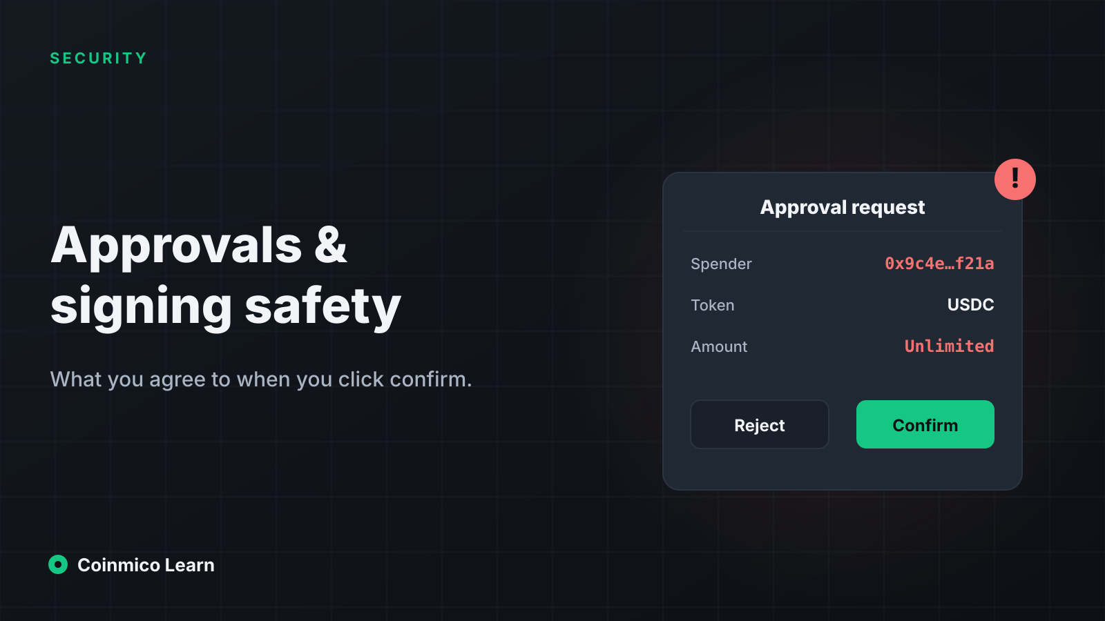A wallet confirmation prompt showing an unlimited approval request, with the spender address and amount highlighted