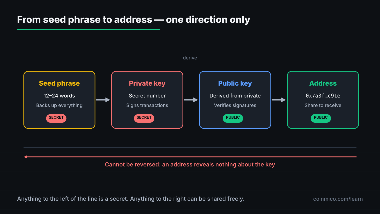 From seed phrase to private keys to addresses: one phrase derives many keys, and each key derives one shareable address