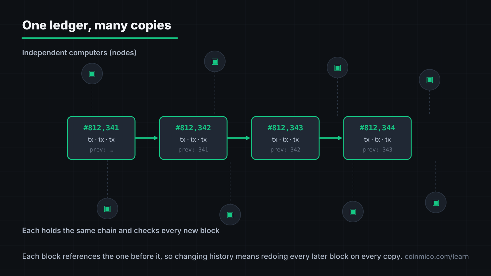 How a blockchain ledger is shared: many nodes each hold the same chain of blocks, and a new block is only accepted when the copies agree